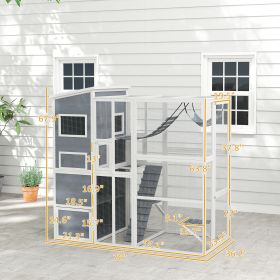 Large Wooden Outdoor, Cat Enclosure W 4 Tier Resting Rooms, 3 Platforms, 1 Soft Ladder, 2 Ramps, 1 Hammock, Gray (Option: Gray)